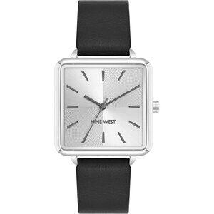 Women's Silver/Black Tone Buckle Closure Faux Leather Strap Crystal Lens Watch